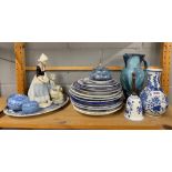 A quantity of blue and white together with other china.