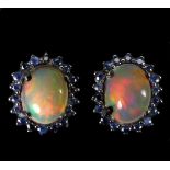 A pair of 925 silver cluster earrings set with cabochon cut opals surrounded by sapphires, L. 1.