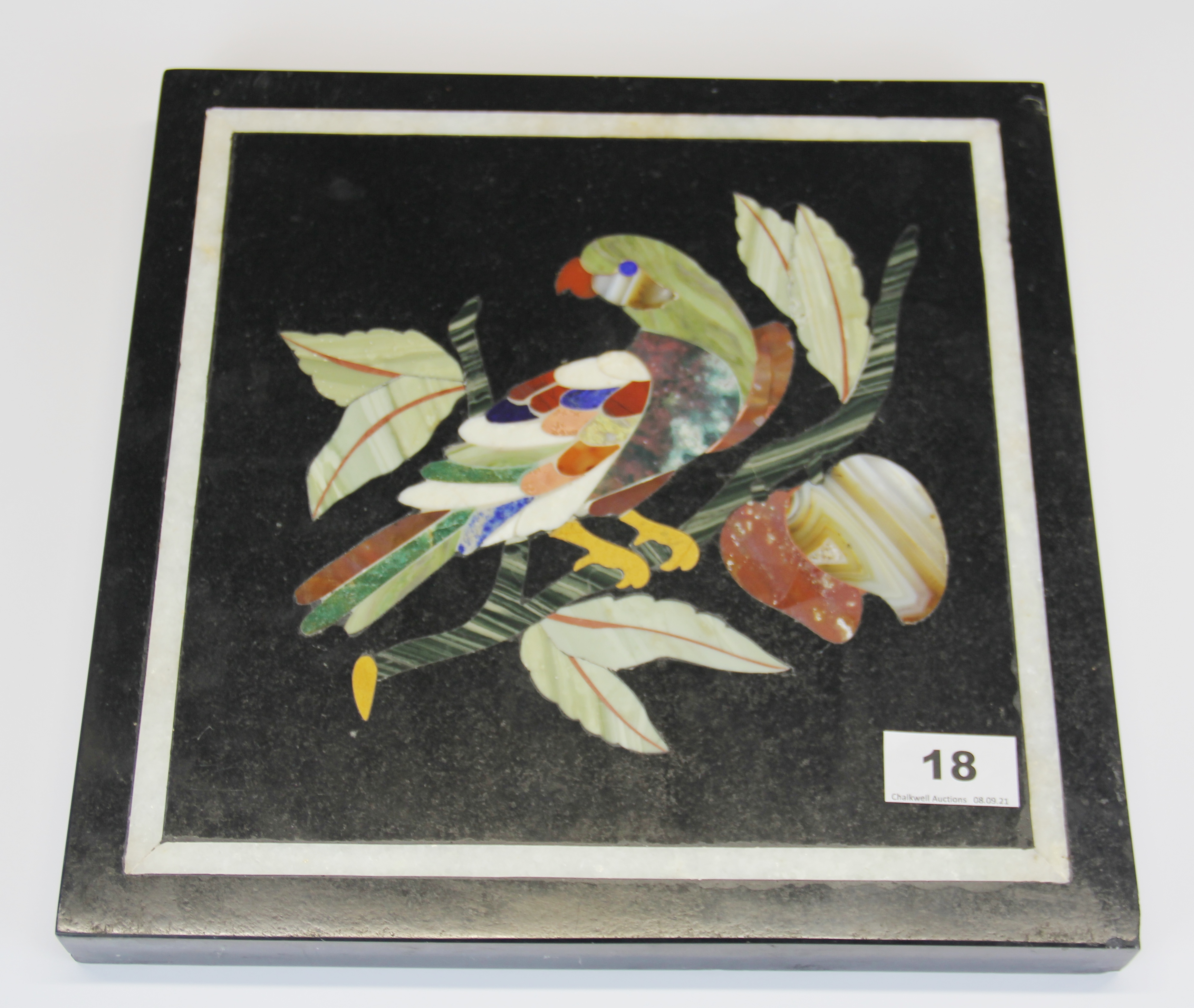 A lovely Pietra Dura semi-precious stone inlaid marble panel/table top, 30 x 30 x 3cm.