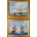 A pair of gilt framed limited edition porcelain plaques by Davenport pottery, 32 x 26cm.