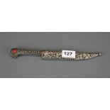 An antique Ottoman Bicak white metal handled dagger, L. 26.5cm.