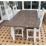 A contemporary painted pine kitchen/dining table and four chairs, 90 x 140cm. Extending to 180cm.