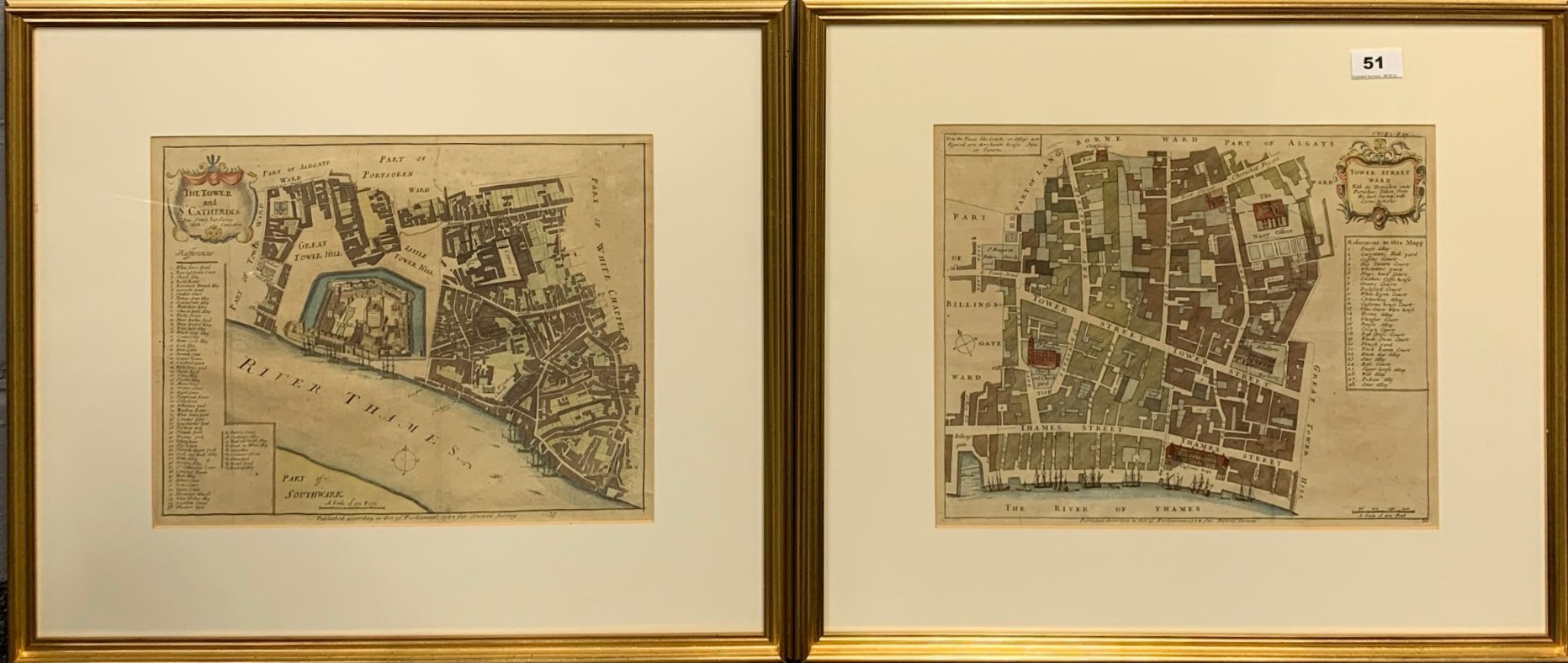 Two gilt framed antique maps of London c. 1754 (Stowes survey) showing Tower Street ward, The