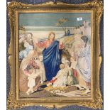 A large gilt framed 19th C tapestry, frame size 76 x 86cm.