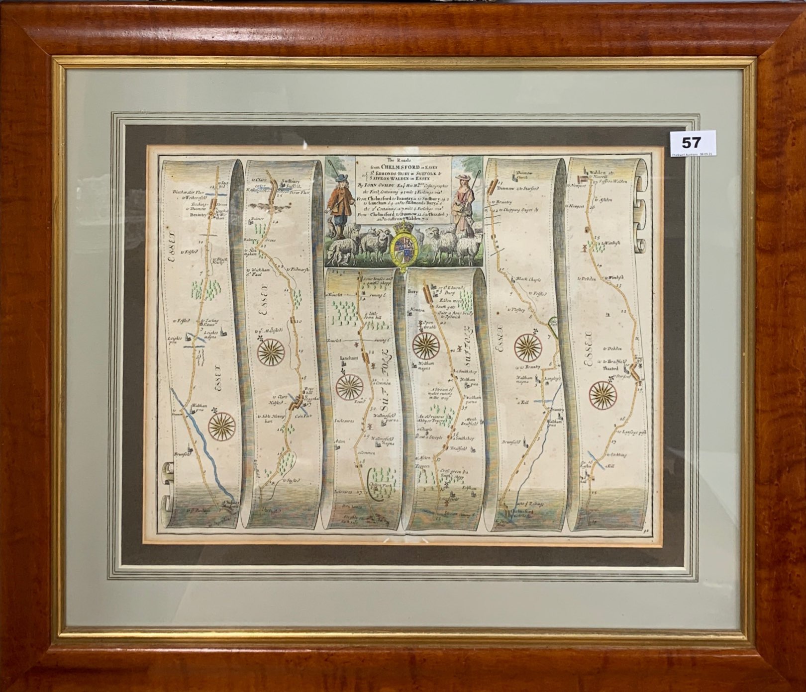 An early framed hand coloured map of the roads from Chelmsford in Essex to St Edmonds Bury in