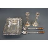 A Victorian hammered silver plated fruit basket with a pair of salad servers and a pair of silver