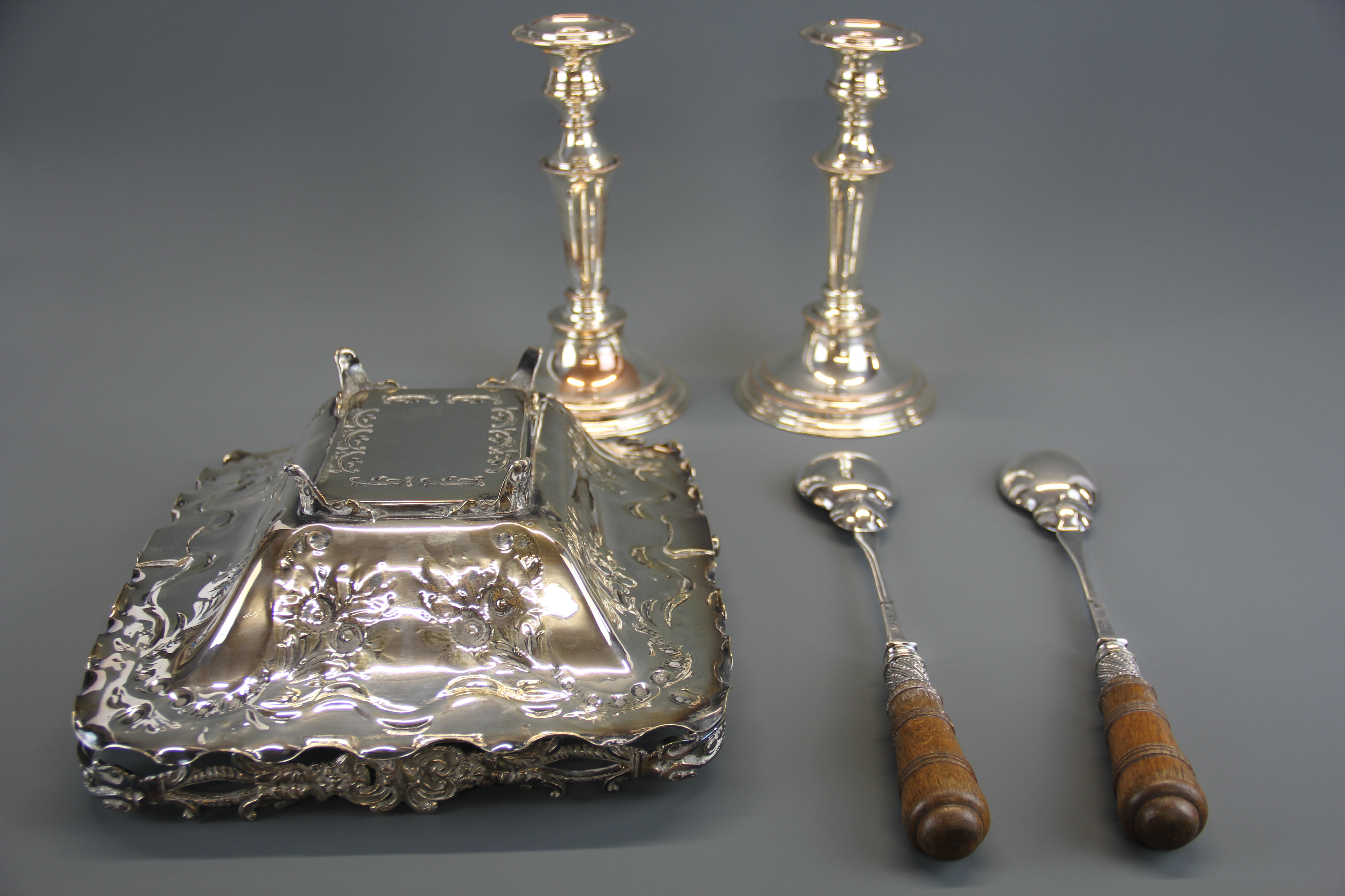 A Victorian hammered silver plated fruit basket with a pair of salad servers and a pair of silver - Image 2 of 2