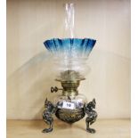 A superb Victorian brass and glass oil lamp with original fluted blue shade, H. 45cm.