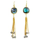 A pair of 925 silver gilt drop earrings set with labradorite, L. 7.5cm.