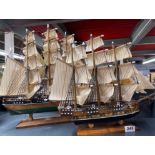 Two wooden model sailing ships, tallest H. 44cm.