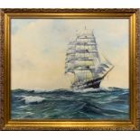 A large gilt framed oil on canvas of a sailing ship, signed Trevor R Owens, 1978. Frame size 87 x