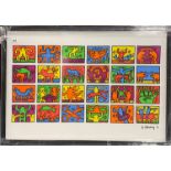 A Keith Haring framed lithograph of 24 images of his work, frame 104 x 75cm. Authorised by the