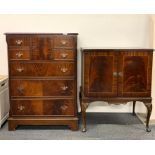 A mahogany veneered chest and a two door cabinet, chest size 71 x 99cm.