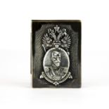 A rare Russian white metal commemorative matchbox cover for Tsar Nicholas II with an image of the