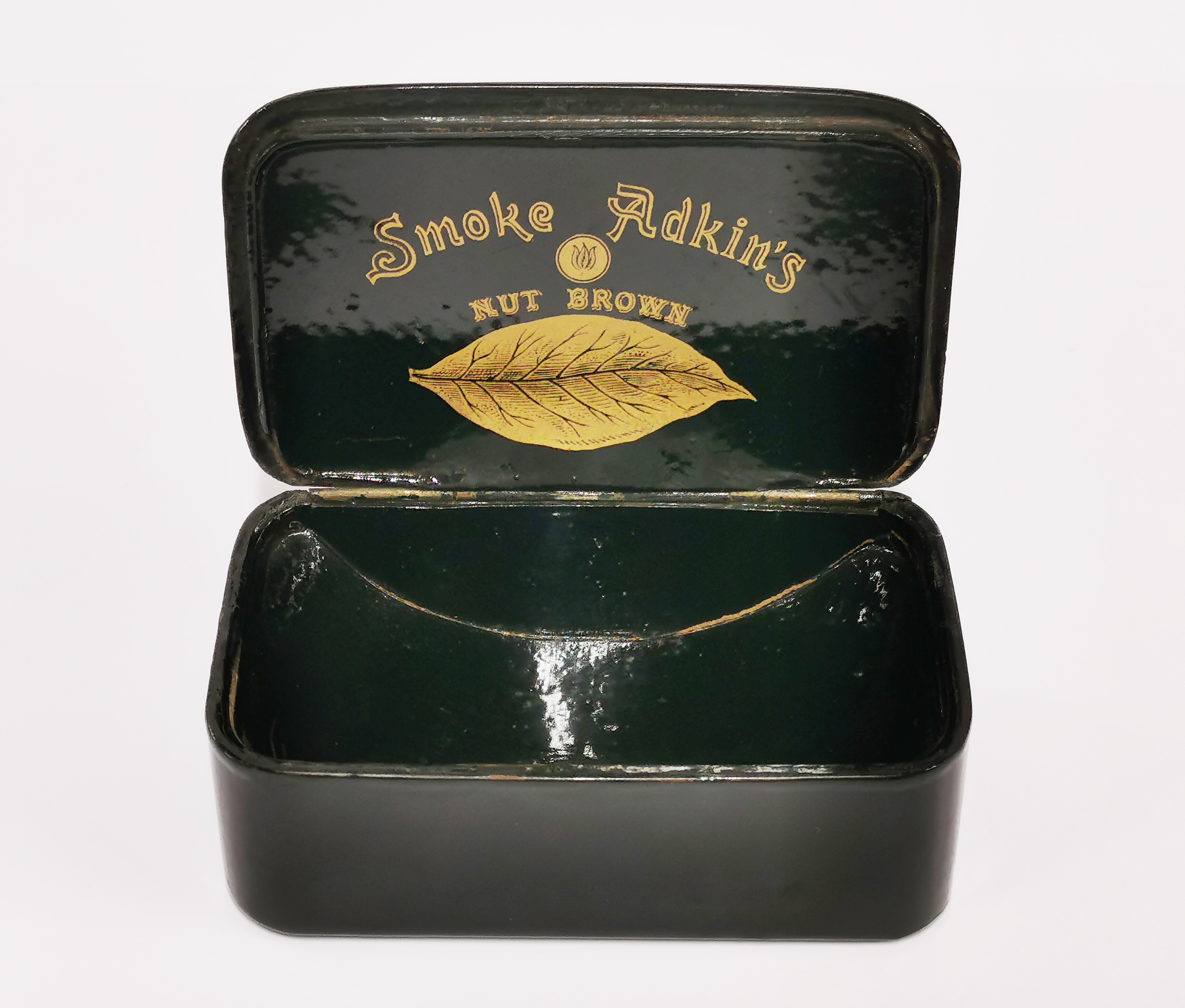 A 19th C papier mache advertising box for Adkin's Nut Brown tobacco, 13 x 8 x 4.5cm. - Bild 2 aus 3