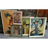 Three interesting framed fabric pictures, largest frame size 44 x 81cm, together with two