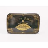 A 19th C papier mache advertising box for Adkin's Nut Brown tobacco, 13 x 8 x 4.5cm.