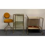 A gilt brass and glass table, 40 x 40 x 75cm, together with a gilt brass boudoir chair and a 1970'