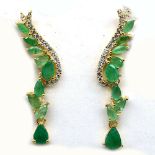 A pair of 925 silver gilt drop earrings set with pear and marquise cut emeralds and white stones, L.
