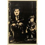 An interesting framed silk screen print of Charlie Chaplin with white paint highlights signed