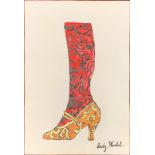 An unframed ink and watercolour drawing of a foot and shoe signed Andy Warhol (American, 1928 -