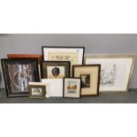 A quantity of mixed framed paintings and prints, largest 43 x 54cm.