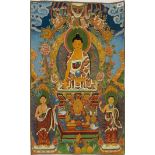 A Tibetan woven Buddhist thangka of the seated Buddha incorporating gold thread, 89 x 60cm.