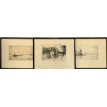 A pair of framed early 20th C engravings of Thames river scenes together with a pencil signed