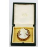 A very large yellow metal (tested 15ct gold) mounted Victorian cameo brooch, approx. L. 6.5cm.
