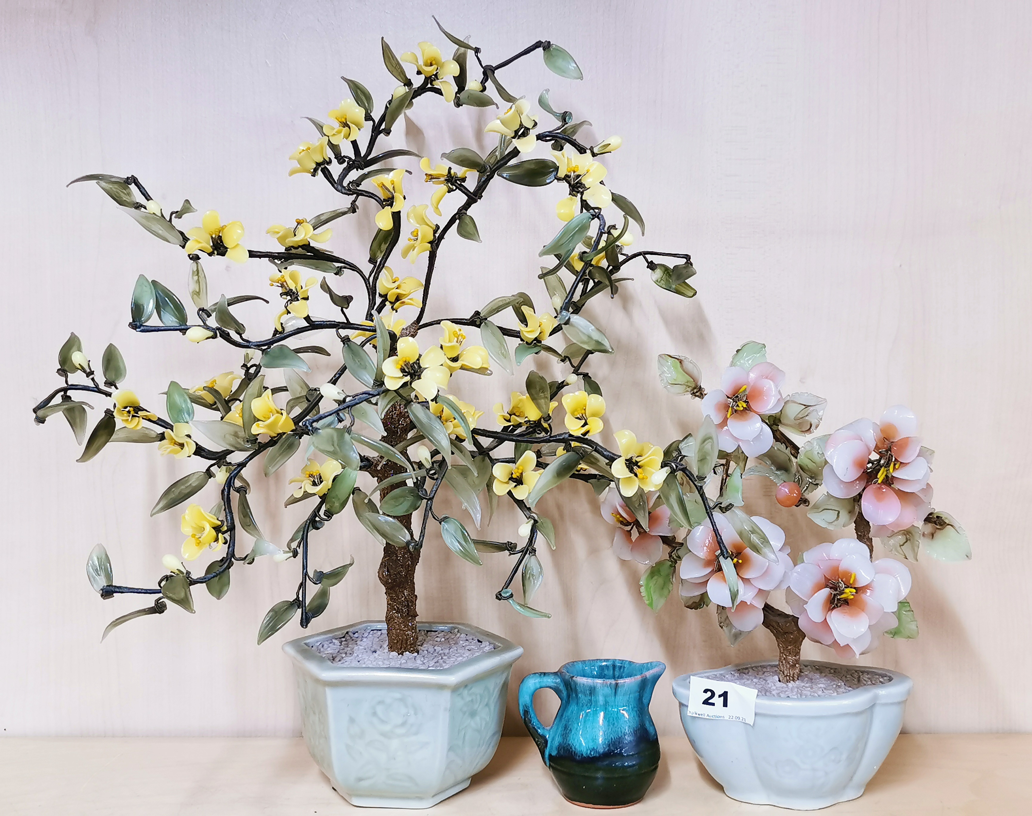 A group of four Chinese glass bonsai trees in porcelain bowls together with a further porcelain bowl - Image 2 of 4