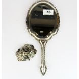 A Scandinavian silver hand mirror and buckle, hand mirror L. 35cm.