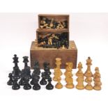 An early satin wood chess set, King H. 9cm, together with two small wooden chess sets.