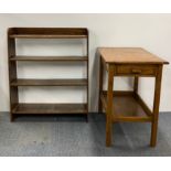 A 1930's oak bookcase and single drawer side table, bookcase W. 76cm.