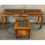 A contemporary mahogany side table with an inset glass top, size 137 x 139 x 66cm, together with a