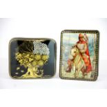 Two Russian hand painted papier mache boxes, 8 x 10.5 x 3.5cm.