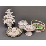 A group of porcelain items including a Losol ware posie basket (A/F).