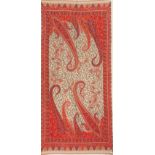 A fine woven wool red and cream paisley pattern shawl, 105 x 204cm.