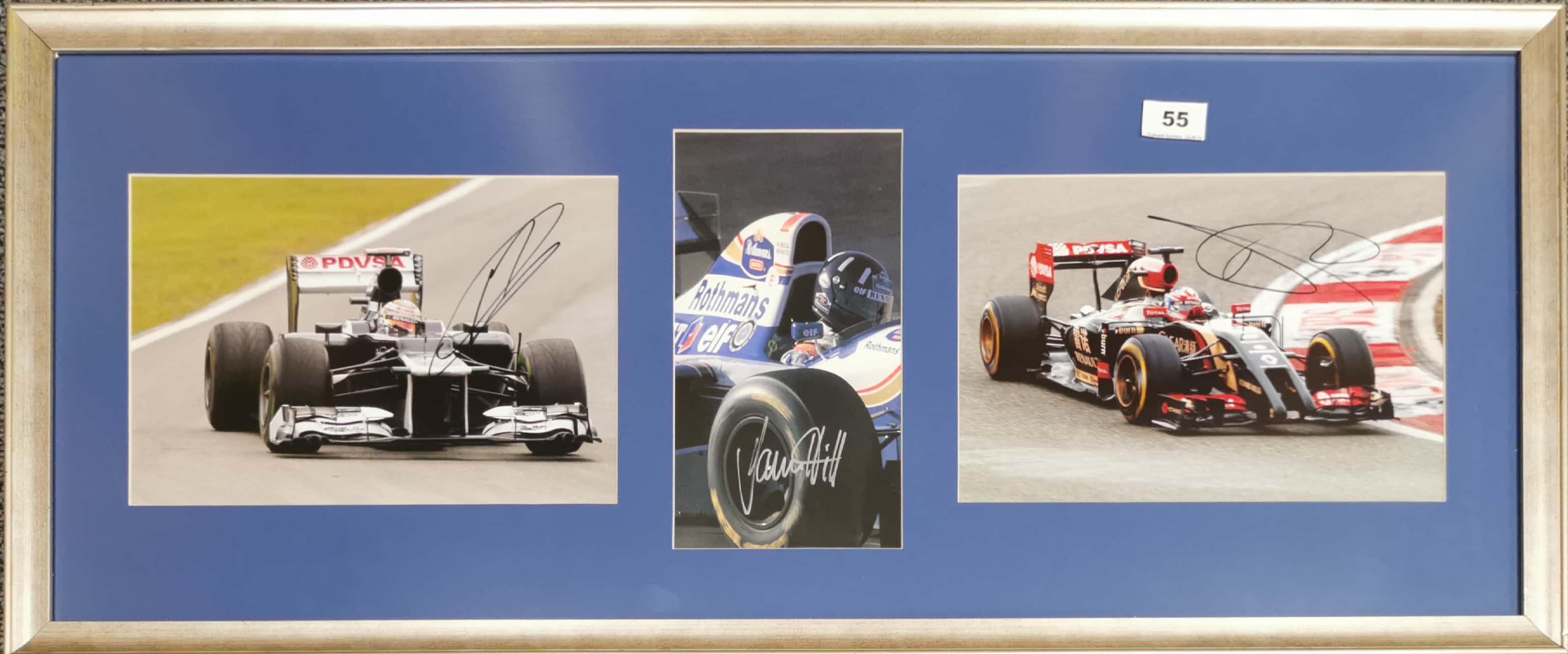 Autograph interest: A framed group of three driver signed pictures by Rona Grosjean (Swiss, 1986),