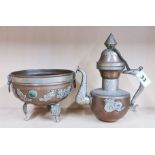 A Tibetan copper and silvered metal jug and censer, jug H. 22cm.
