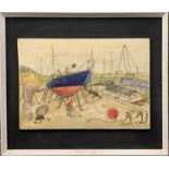 A framed 1970's watercolour on vellum of a boatyard by G. A Bond, frame size 73 x 63cm.