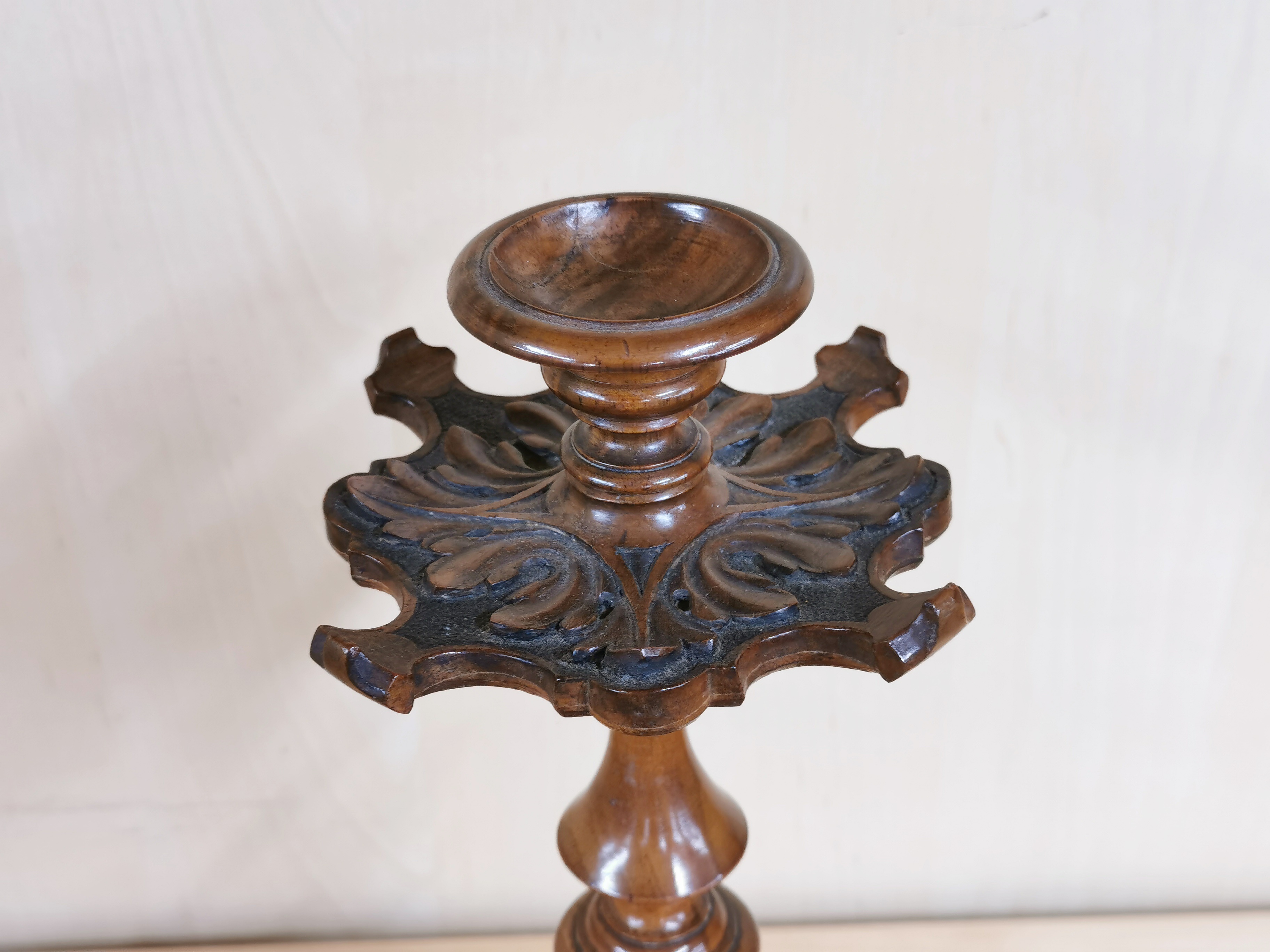 A lovely 19th C carved walnut candlestick, H. 27cm. - Image 2 of 3