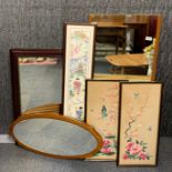 A group of three vintage mirrors and three framed tapestries, largest mirror H. 118cm.