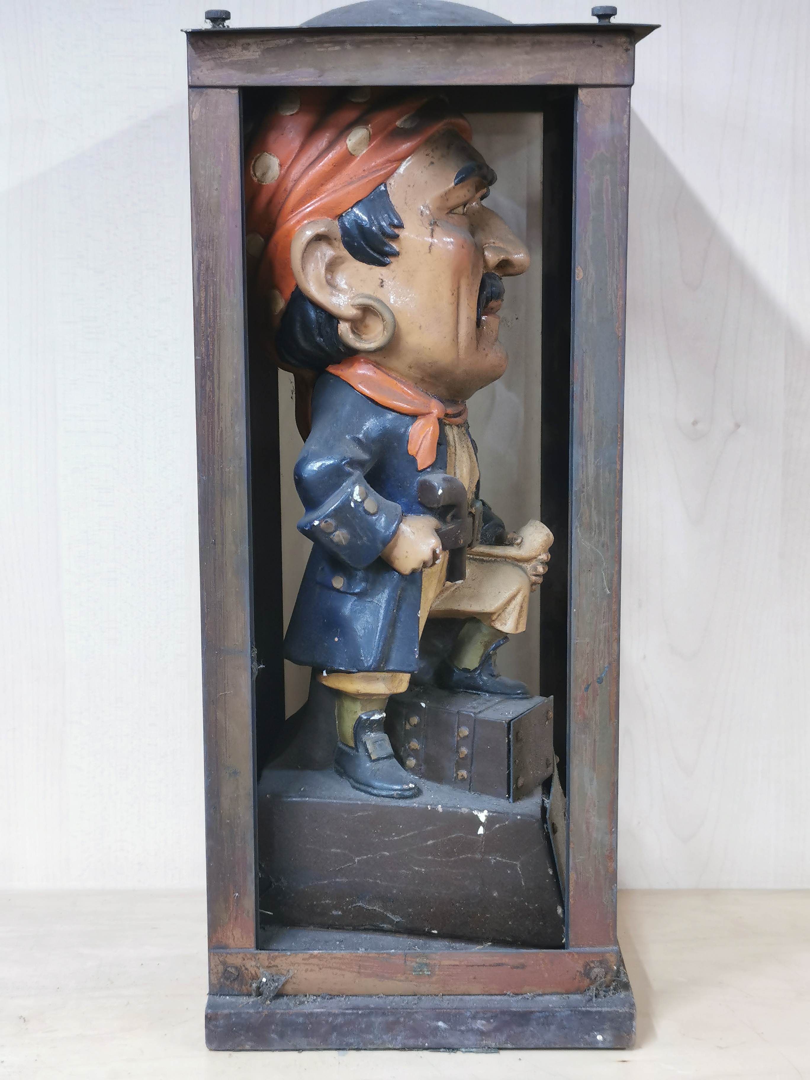 An interesting vintage painted ceramic figure of a pirate in a handmade copper case, H. 43cm. - Image 2 of 3