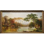 A large gilt framed oil on canvas, frame size 128 x 70cm.