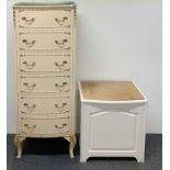 A vintage painted six drawer chest, H. 120cm, together with a painted cork top bathroom seat