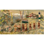 An interesting framed painting and applique on canvas of Himalayan Buddhist monks in procession,