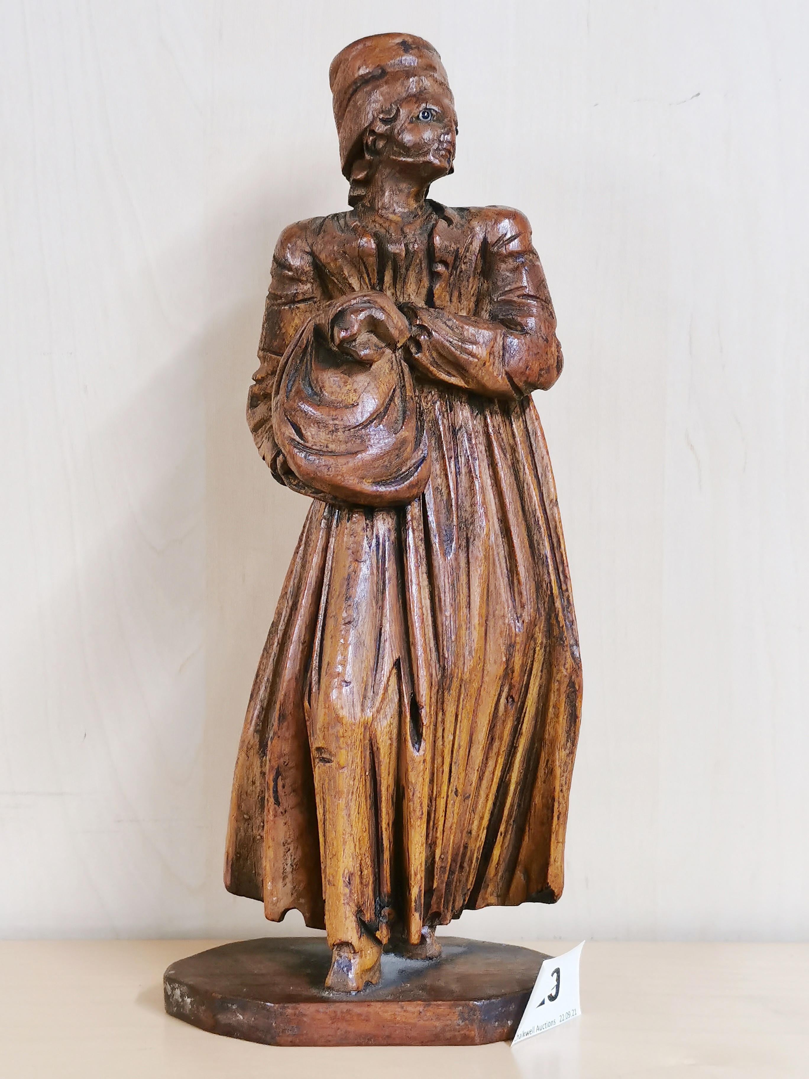 A lovely 17th C carved limewood figure of a lady with glass eyes. Notation to the base refers to - Image 3 of 3