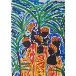 Chinwe Russell, "Women of Umuebubem", acrylic on paper, 90 x 65cm, c. 2021. This painting depicts
