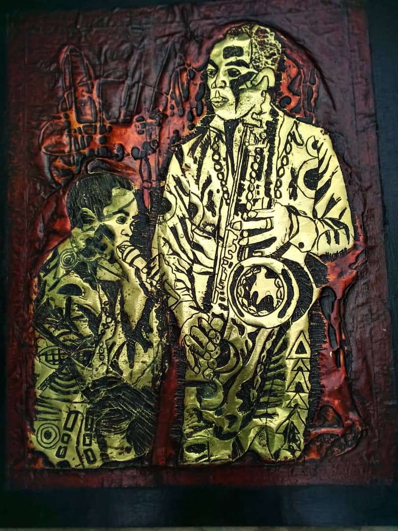 Ufuoma Onobrakpeya, "Musicians", oil on canvas, 49 x 69cm, c. 2002. This is an Artwork made with
