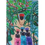 Chinwe Russell, "Kaaka and his wives", acrylic on paper, black wooden frame, 90 x 65cm, c. 2021.